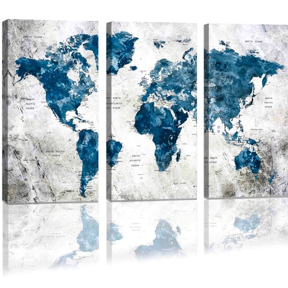 3 piece, world map from Amazon. 16 WX 32H each. Gorgeous blue and gray tones. - Picture 1 of 7